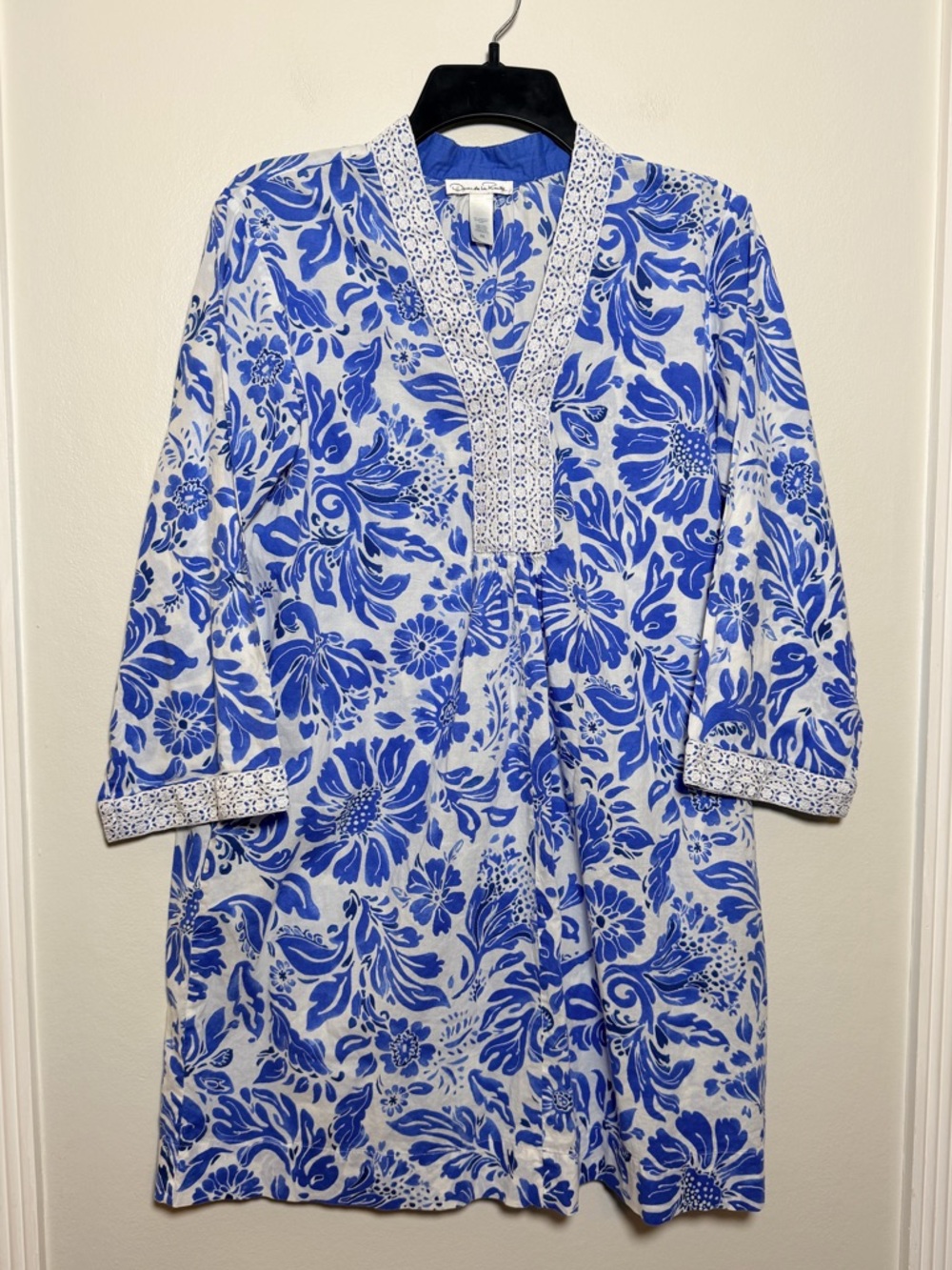 Oscar de la Renta Blue & White Floral Tunic Dress Cover Up Size Medium